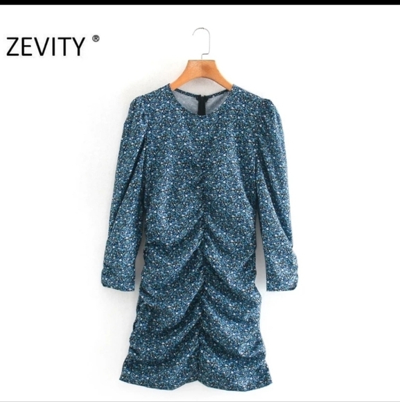 Blue Ditsy Floral Mini Ruched Dress - Picture 2 of 9